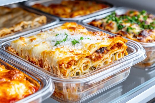 Pre-cooked frozen lasagna stored in a freezer drawer with other meals ready for quick cooking and serving