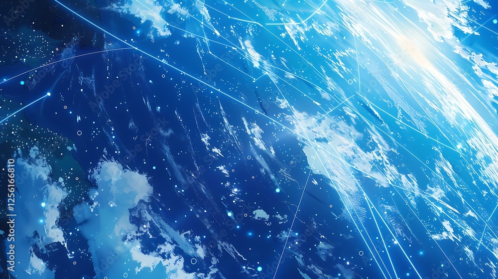 Poster a cyber-themed depiction of earth with bright white connection lines spanning across a deep blue bac