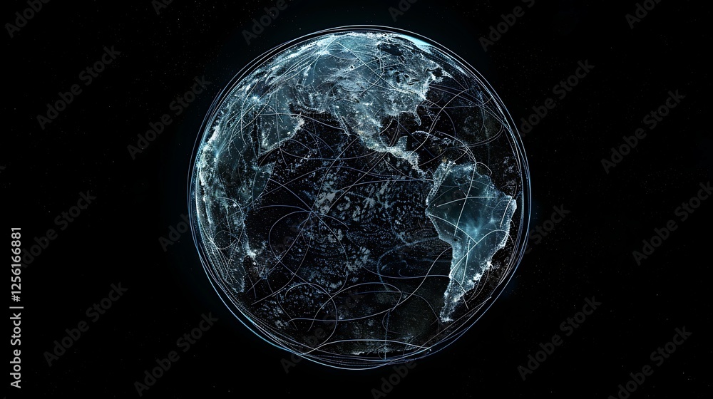 Poster a digitally enhanced globe with a glowing blue color scheme, highlighting continents in white and in
