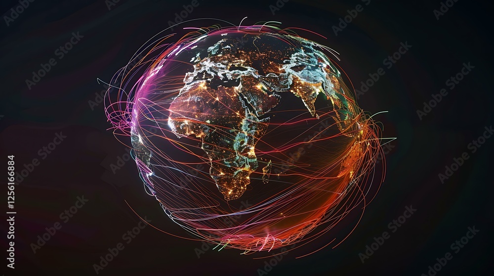 Poster a futuristic visualization of a connected world, featuring a stylized earth with bright data lines l