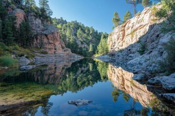 Tranquil Mountain River with Clear Reflection in Serene Nature Landscape Under Bright Blue Sky