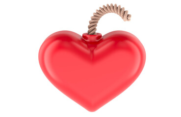 Heart Bomb with burning fuse, 3D rendering isolated on transparent background