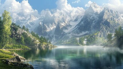 Fototapeta premium Tranquil Mountain Landscape with Reflections on a Calm Lake