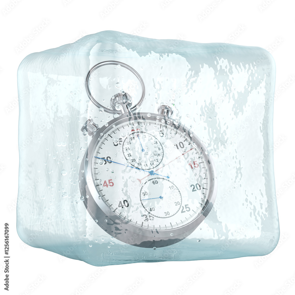 Poster stopwatch frozen in ice cube. freeze time concept, 3d rendering isolated on transparent background