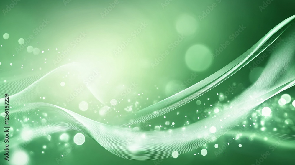 Aufkleber abstract green wave background with glowing particles and soft light.