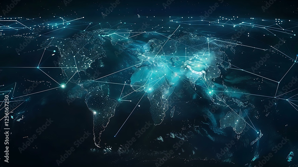 Poster a stylized world map with a glowing blue overlay, showcasing interconnected points across continents