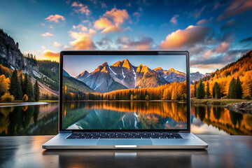 Laptop displaying scenic autumn mountain lake sunrise