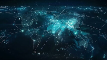 Obraz premium A stylized world map with a glowing blue overlay, showcasing interconnected points across continents, symbolizing global internet connections and data transmission