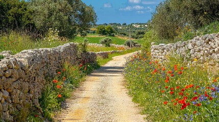 Scenic Country Pathway Surrounded by Colorful Wildflowers
