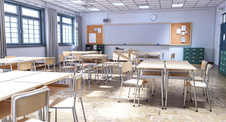 empty classroom, illuminating rows of wooden desks and chairs