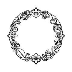 Floral wreath with leaves, flowers, and shell in a black and white style.