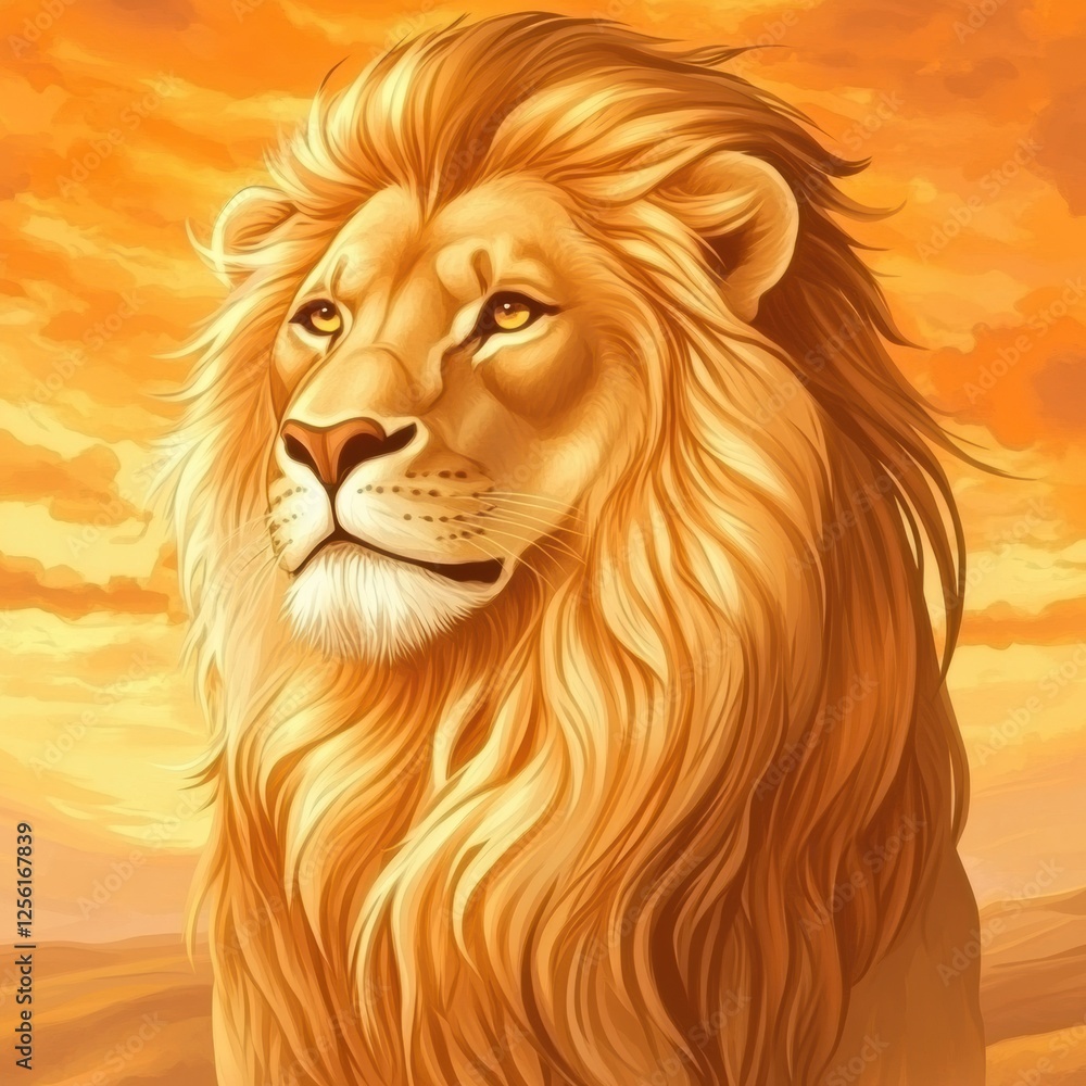 Aufkleber regal lion portrait with glowing golden mane illuminated by sunset light and space for text. generat
