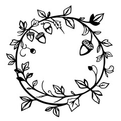 Black and white floral outline wreath with leaves, acorns, and berries in a circular arrangement.