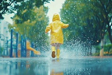 Happy child running and splashing in puddle on rainy day