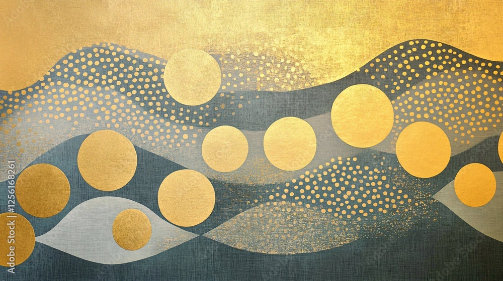 Poster abstract wave pattern in gold and teal with circular dots, creating a serene and luxurious atmospher