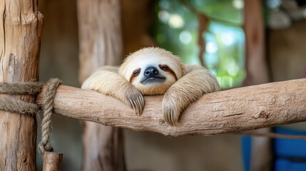 Fototapeta premium Happy sloth, A sloth stretching its arms, conveying a sense of relaxation and leisure in a high-quality stock image.