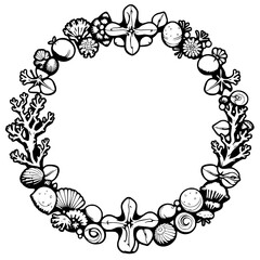 Black and white illustration of a wreath composed of shells and other elements.