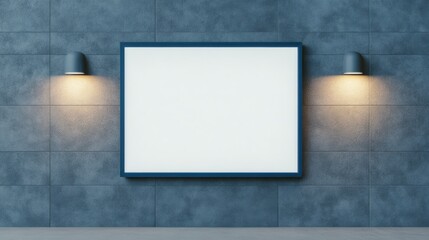 Modern Blank Frame with Illuminated Wall Lights on Gray Background
