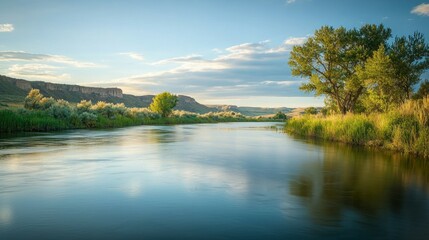 Serene River Landscape with Lush Greenery and Clear Blue Sky