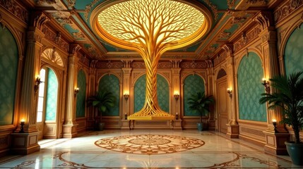 Obraz premium A majestic hall with a luminous golden tree centerpiece, ornate moldings, and polished marble floors