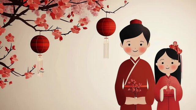 Japanese Cartoon Illustration of Children in Kimono with Love Hearts and Flowers