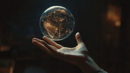 A hand reaching out to touch a floating digital globe, symbolizing the accessibility of global information through the internet.