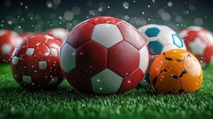 Fototapeta premium A collection of colorful soccer balls on a grassy field.