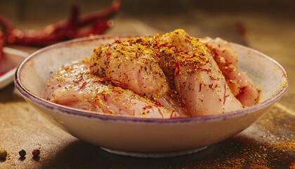 Chicken fillet marinated in a bowl with aromatic spices, raw meat. Tasty food for dinner. Close-up.