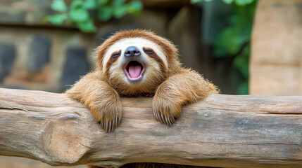 Happy sloth, A sloth yawning widely, showcasing its mouth, captured in high fidelity imagery.