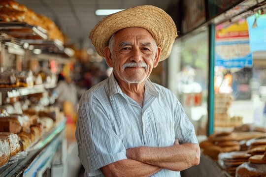 Mexican Senior Outside a Charming Bakery