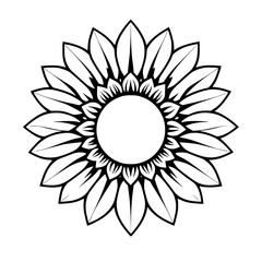 Outline of a sunflower, black and white with petals and detail.
