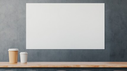 Minimalist Coffee Shop with Blank Canvas on Wall and Wooden Table