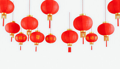 Hanging red lanterns with intricate golden designs and tassels on a bright, minimalist background for festive decor.