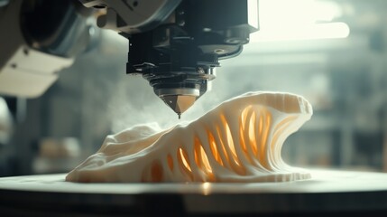 A 3D printer is creating a vase with a spiral pattern, precisely depositing material layer by layer. The advanced technology showcases its potential for custom designs and manufacturing.