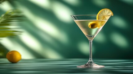 Refreshing martini cocktail with lemon and olive on tropical background