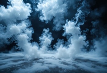 Dry ice smoke clouds fog floor texture. Perfect spotlight mist effect on isolated black background.