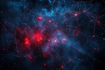 Obraz premium ethereal spider web glistening with dewdrops, illuminated by red and blue light creating a mystical atmosphere, dark background with fog effects