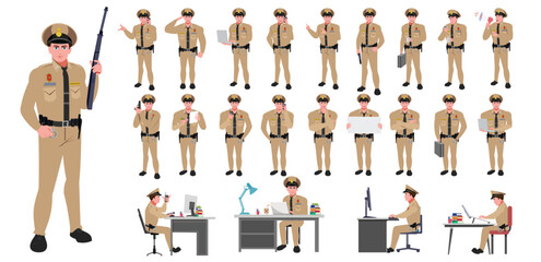 Obraz premium Police Officer Character Design Model Sheet. Man, Character design. Front, side, back view and explainer animation poses. Character set with lip sync and facial expressions of Happy, angry, sad, Joy 