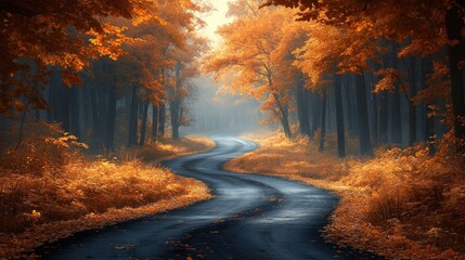 Winding road through misty autumn forest with vibrant orange foliage.
