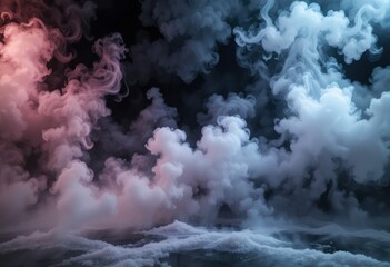 Dry ice smoke clouds fog floor texture. Perfect spotlight mist effect on isolated black background.
