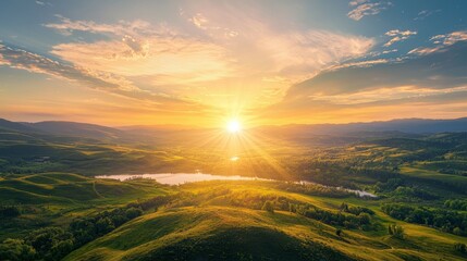 Serene Sunrise Over Rolling Hills and Tranquil Lake Landscape