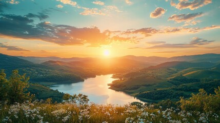 Fototapeta premium Serene Sunset Over Tranquil Lake Surrounded by Lush Green Hills
