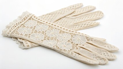 Fototapeta premium Pair of Beige Lace Gloves on White Background