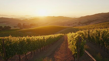 Obraz premium Scenic Vineyard Landscape at Sunset with Lush Green Grapevines