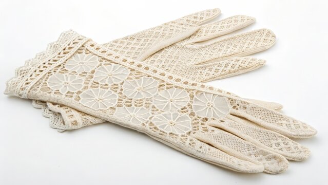 Pair of Beige Lace Gloves on White Background