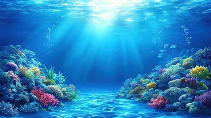 Fototapeta premium Vibrant underwater scene with sunbeams illuminating colorful coral reefs and fish.