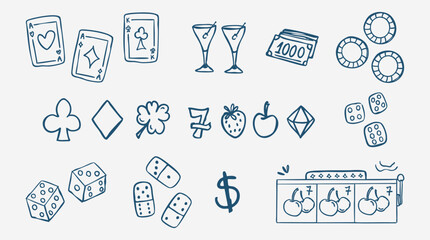 set icons, doodle poker night, casino chips, deck of cards, dice, cards suits, gambling, casino. Hand drawn vector illustration