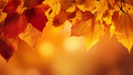 Fototapeta premium Blurred golden autumn leaves in the sunlight. The atmosphere is cozy and warm.