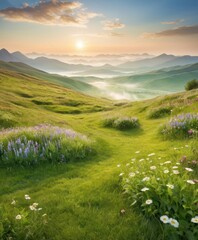 Mountain landscape with a lake and green hills under a blue sky