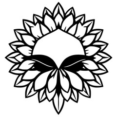 A bold, black and white image of a sunflower, showcasing a symmetrical design with multiple petals.